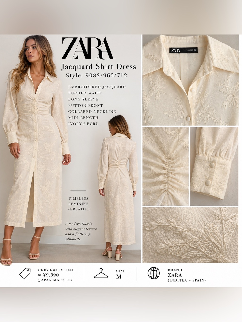 Zara Ivory Embroidered Jacquard Ruched Midi Shirt Dress – Size M